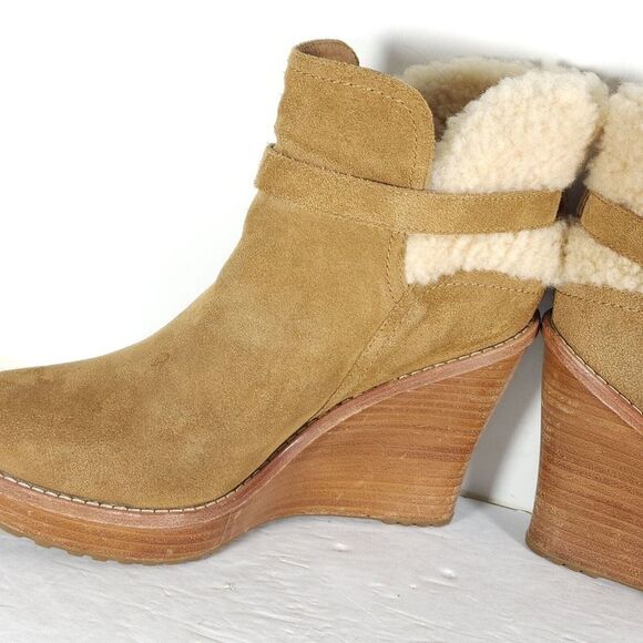 UGG Women's Anais US9 Chestnut Suede Sheepskin Wedge Shearling Boots Booties - Picture 10 of 14